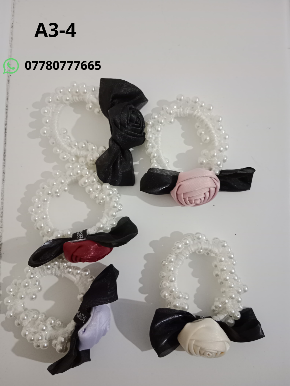 Pearl Hair Ties with Satin Bow & Fabric Rose – 5 Colors