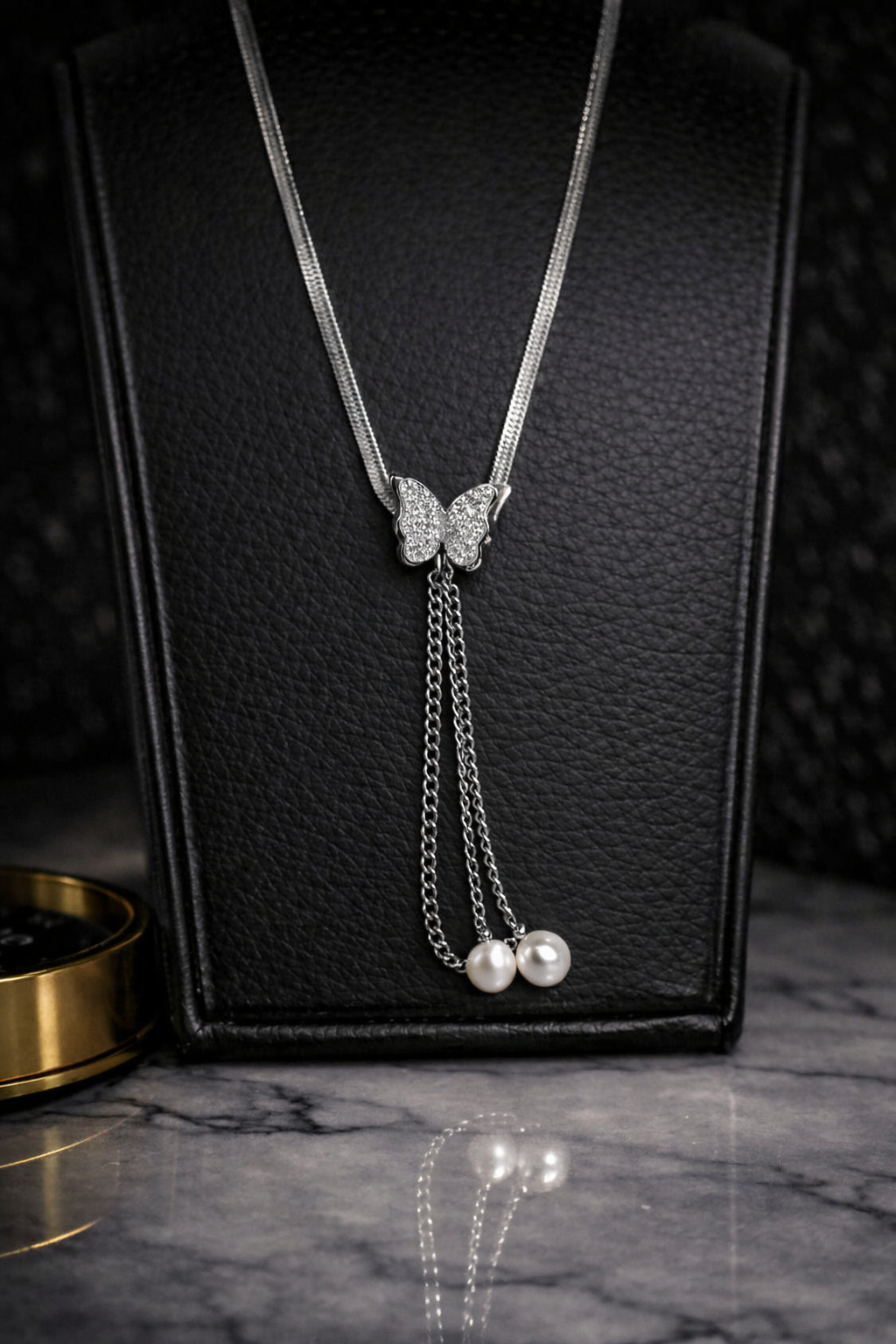 Stainless Steel Butterfly Necklace with Dual Pearls