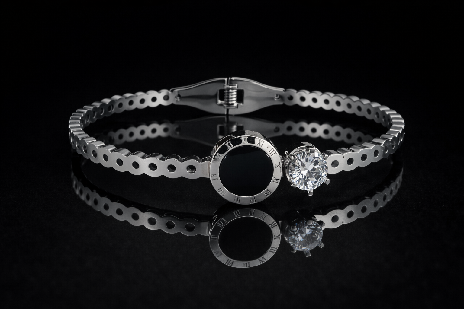 Stainless Steel Bracelet with Black Center and Crystal Stone