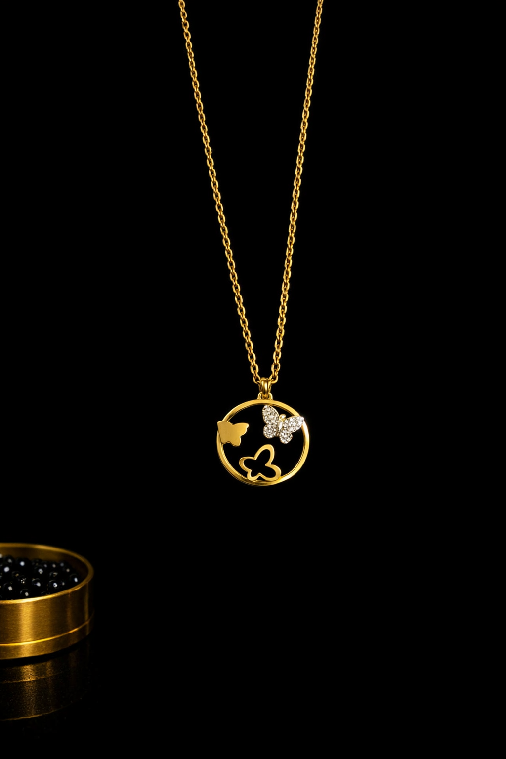 Stainless Steel Circle Necklace with Three Butterflies – Gold Tone