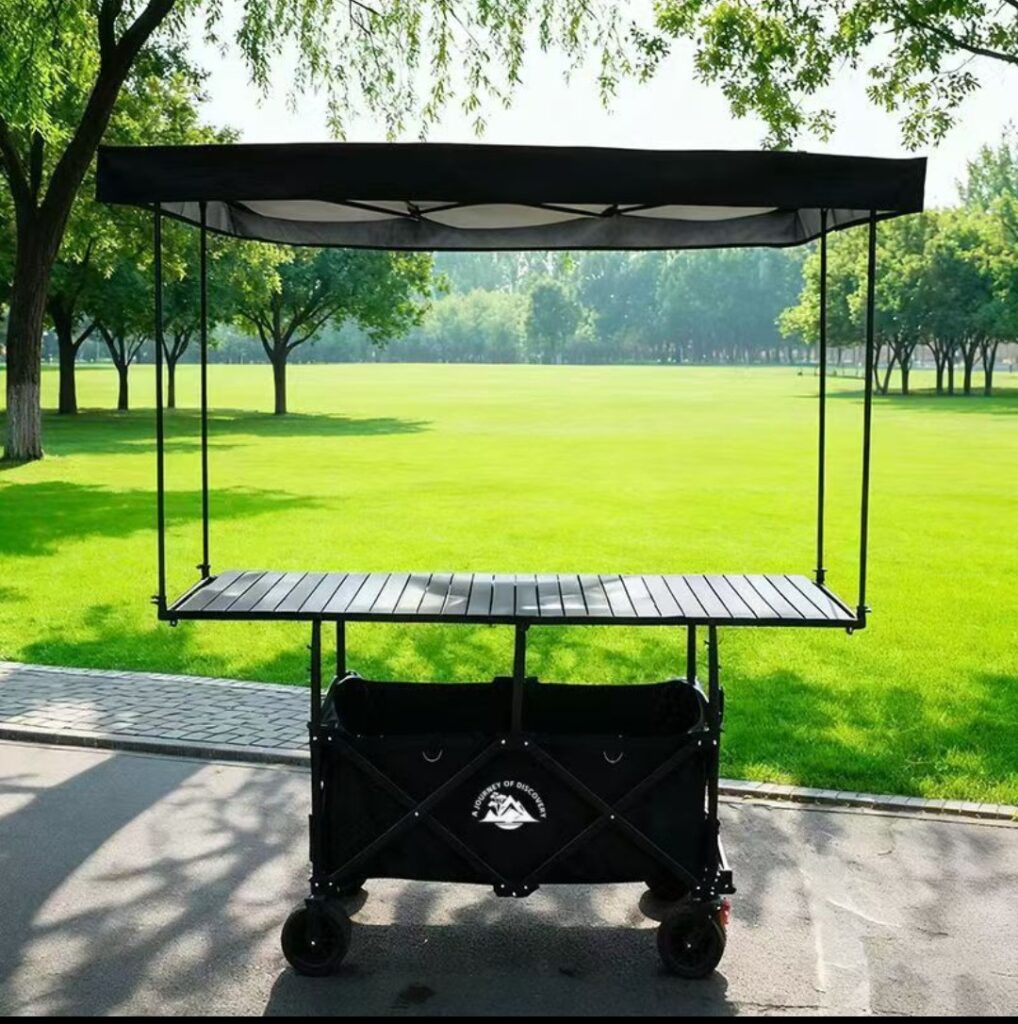 Multi-Purpose Folding Wagon with Table & Umbrella for Camping, Shopping, and Small Businesses.