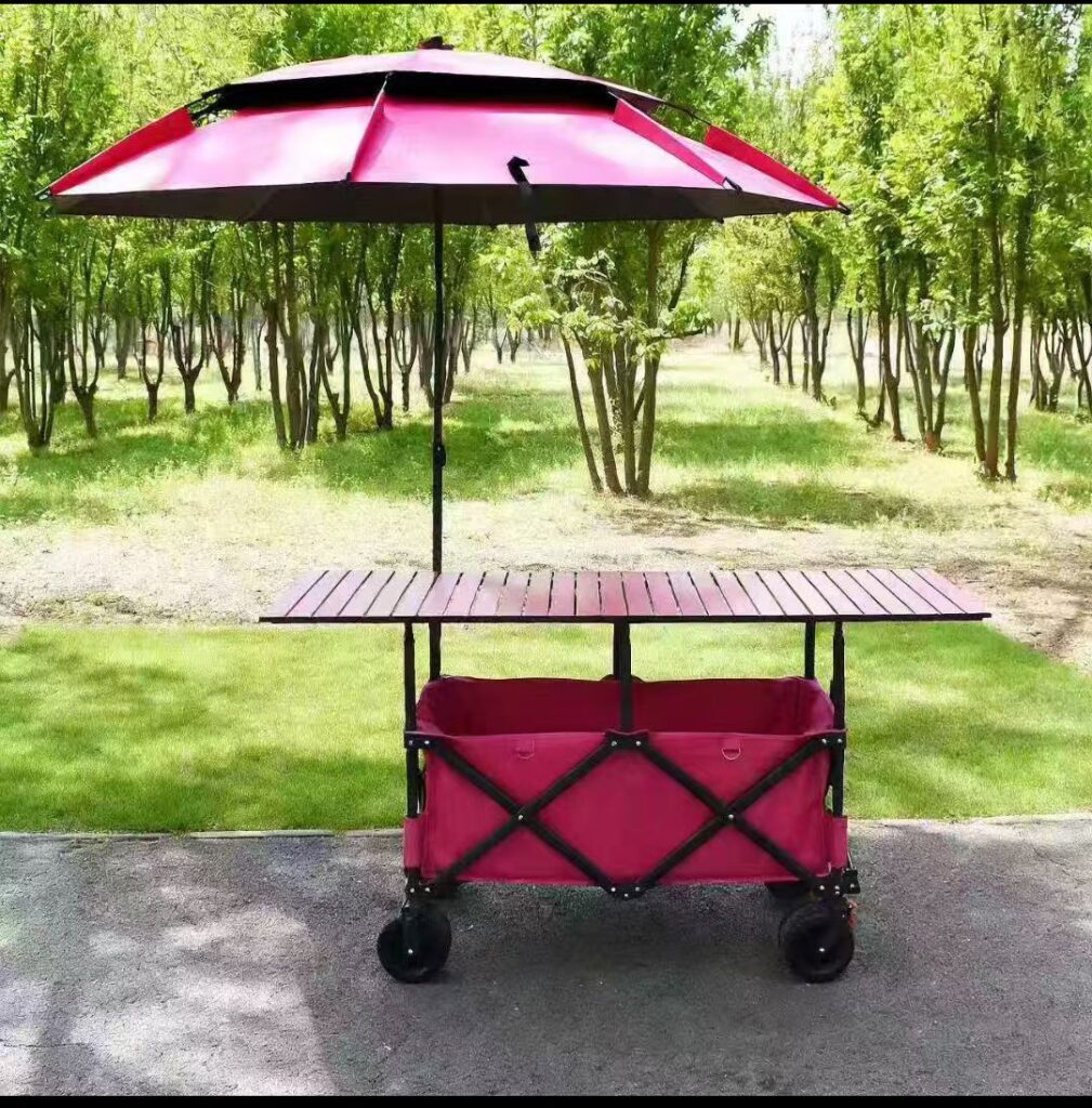 Multi-Purpose Folding Wagon with Table & Umbrella for Camping, Shopping, and Small Businesses.
